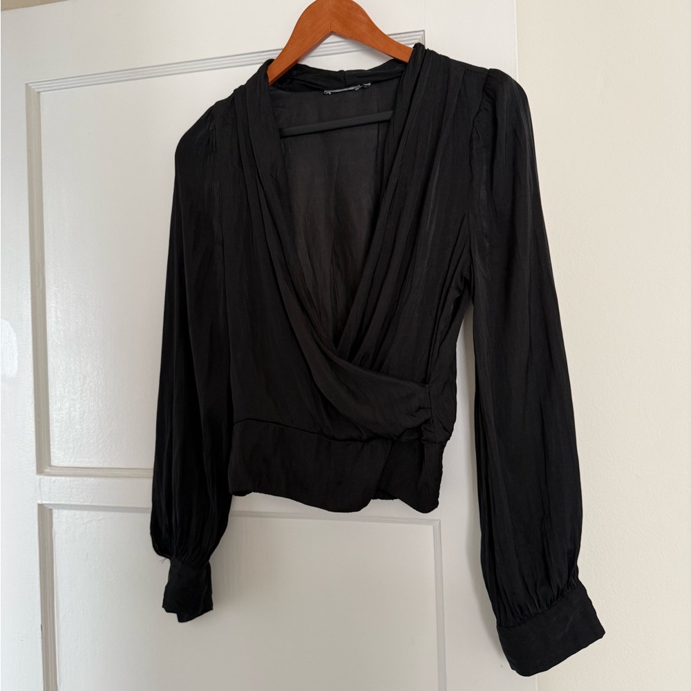 Lush Black Draped Wrap Blouse with V-Neck